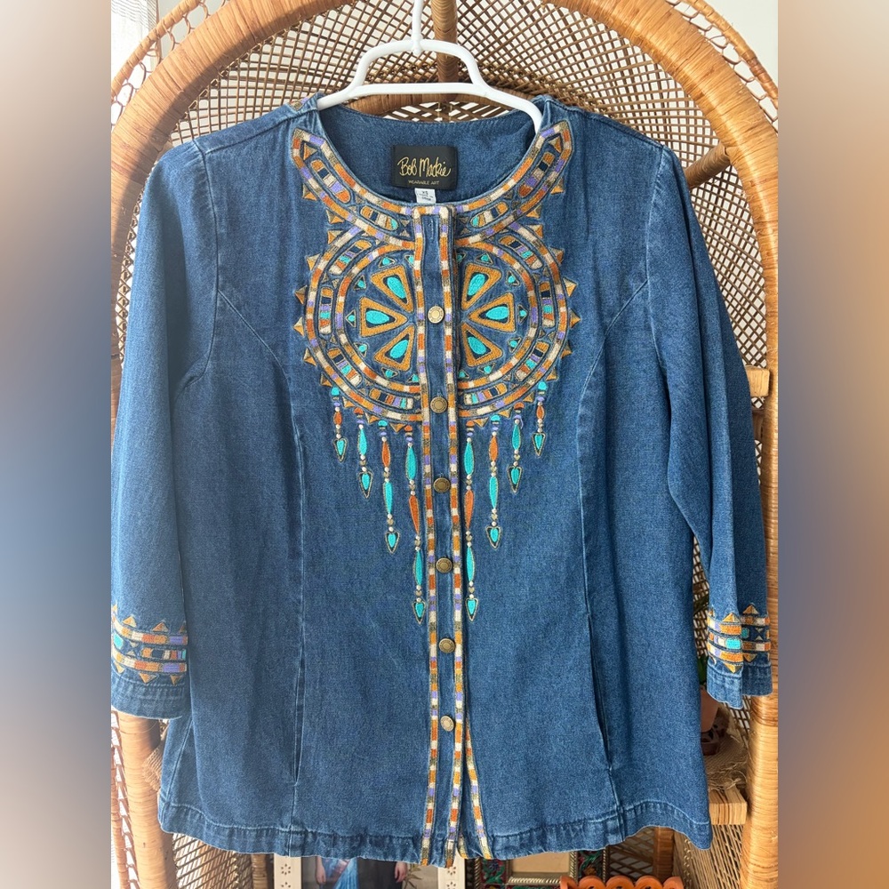 Bob Mackie Women's Denim Jacket with Colorful Embroidery